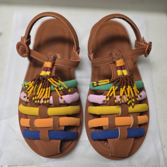 FARM Rio Shoes - Farm Rio Caramel Beaded Rainbow Tube Strap Sandals Sz. 8